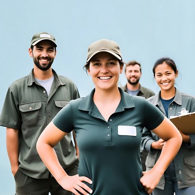Smiling park rangers team outdoors