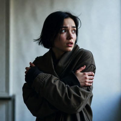 Woman shivering in coat arms crossed