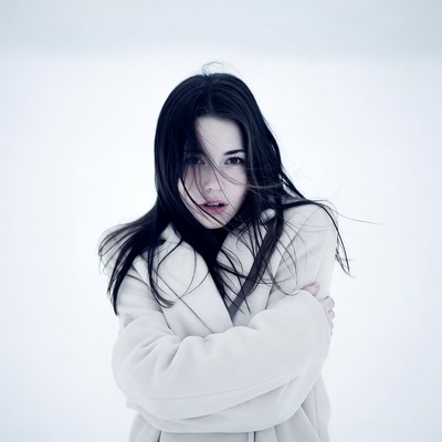 Woman in white coat arms crossed snow