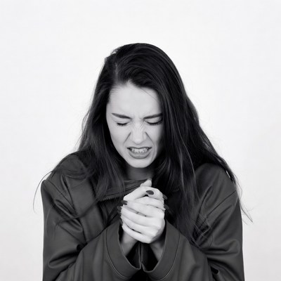 Woman grimacing with clasped hands
