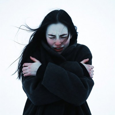 Woman shivering in cold wind