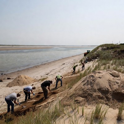 Workers Shoveling Sand on Beach