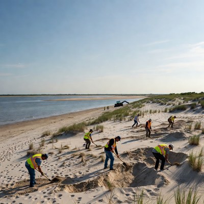 Workers digging sand dunes beach