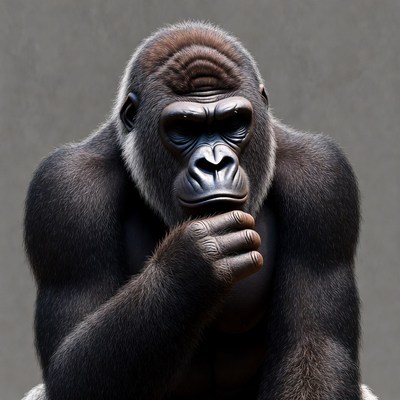 Gorilla thinking with hand on chin