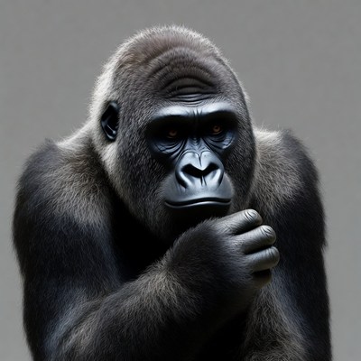 Gorilla thinking with hand on chin