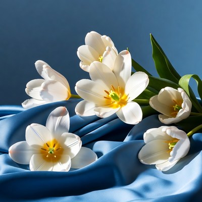 White Tulips on Blue Fabric