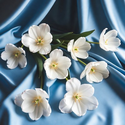 White tulips on blue silk