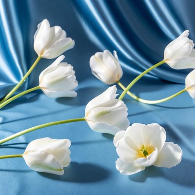 White tulips on blue satin fabric