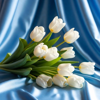White Tulips on Blue Silk