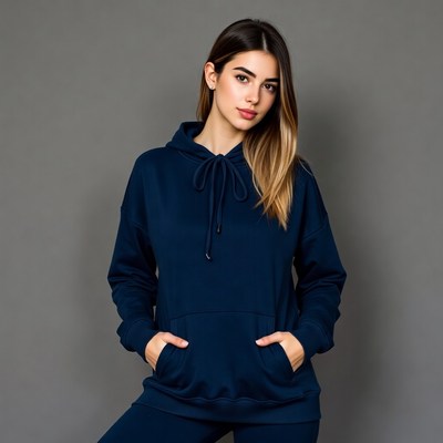 Woman in navy hoodie and pants