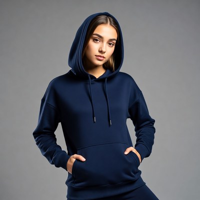 Woman in navy blue hoodie