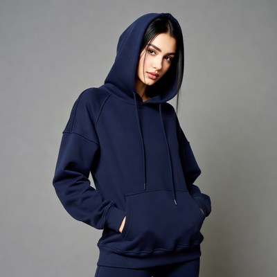 Woman in navy blue hoodie