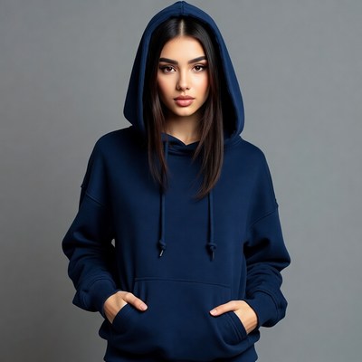 Asian woman in blue hoodie