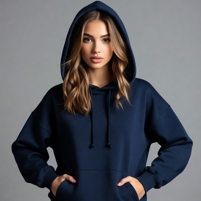 Woman in navy hoodie with hood up