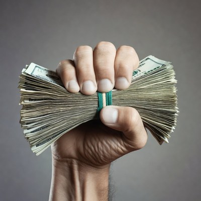 Man's hand holding stack of cash