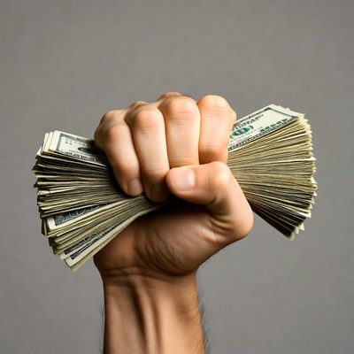 Man's hand gripping stack of dollars