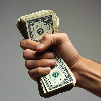 Hand gripping stack of dollar bills