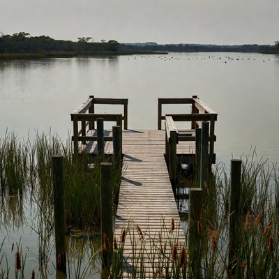 Wooden pier extending over calm lake