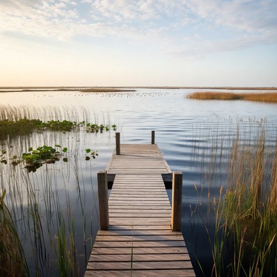 Wooden pier over marsh lake
