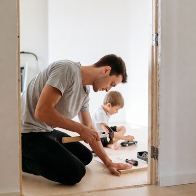 Father and son installing door frame