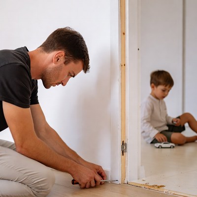 Father installing door hinge with son