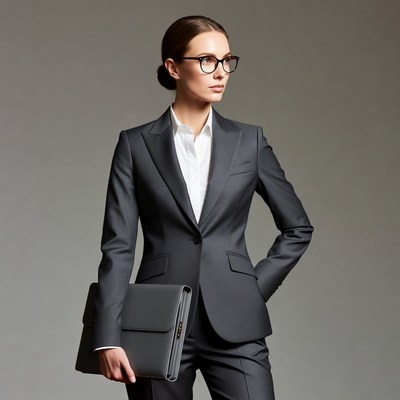 Woman in gray suit holding briefcase