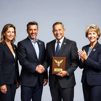 Group handshake with eagle award