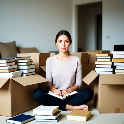 Woman reading book surrounded by boxes