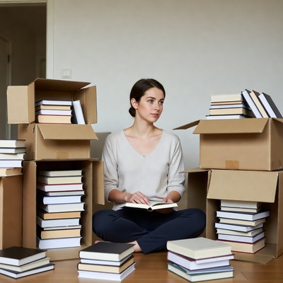 Woman reading book surrounded by moving boxes