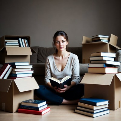 Woman reading book surrounded by boxes