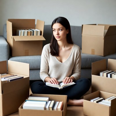 Woman reading book amid moving boxes