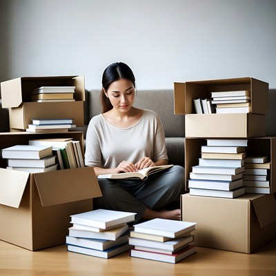 Asian woman reading amid book boxes
