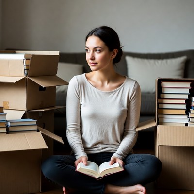 Woman reading book amid moving boxes