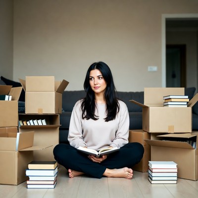 Woman reading book amid moving boxes