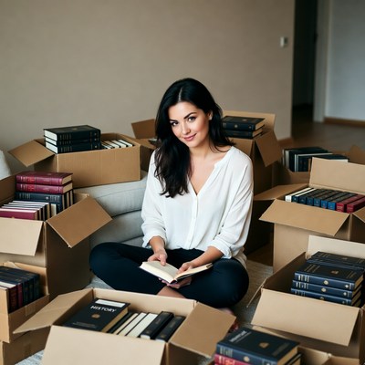 Woman reading book amid book boxes