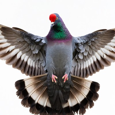 Pigeon with red crest spreading wings