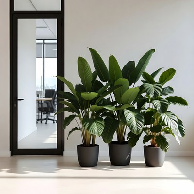 Three Potted Banana Plants by Glass Door