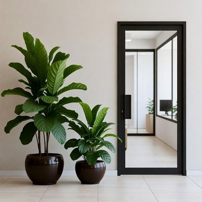 Two Potted Plants by Black Framed Mirror