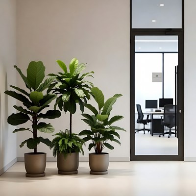 Indoor potted plants by glass office door
