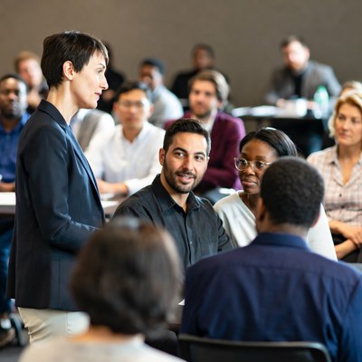 Woman speaking at diverse business meeting