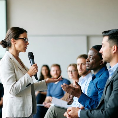 Woman speaking at business meeting
