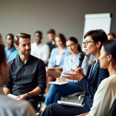 Woman speaking at business meeting