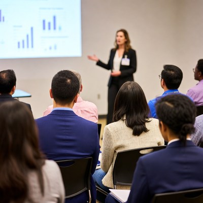 Woman presenting charts to audience