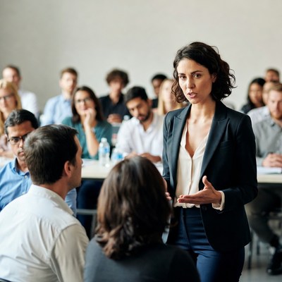 Woman speaking at business meeting