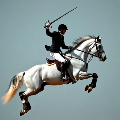 Man sword fighting on leaping white horse