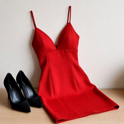 Red Spaghetti Strap Dress with Black Heels