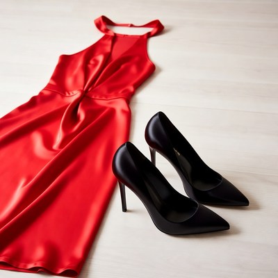 Red Halter Dress with Black Heels
