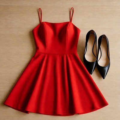 Red Spaghetti Strap Dress with Black Heels