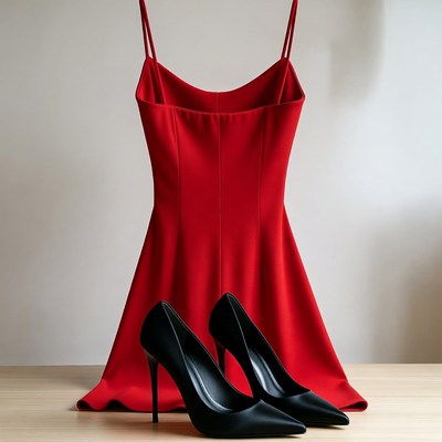 Red Spaghetti Strap Dress with Black Heels