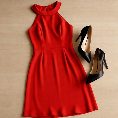Red halter dress with black heels